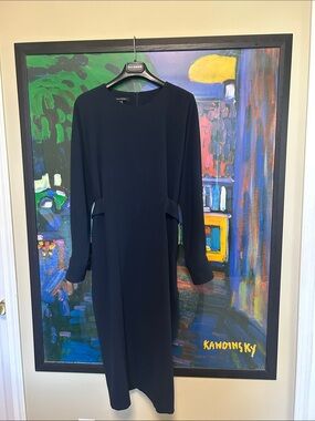 Judith & Charles Elegant Navy Midi Dress - Minimal Long Sleeve with pockets